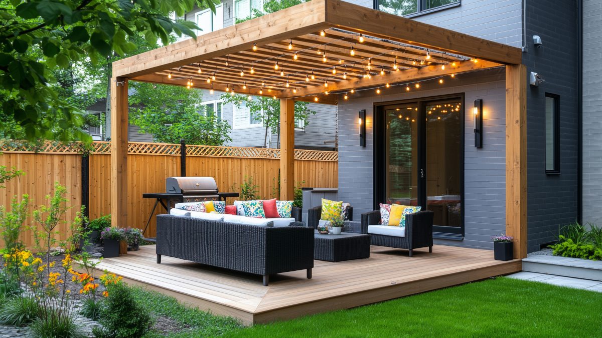 Modern small backyard featuring a wood pergola with string lights, outdoor seating area, grilling space, landscaped garden beds, and a functional outdoor living room design.