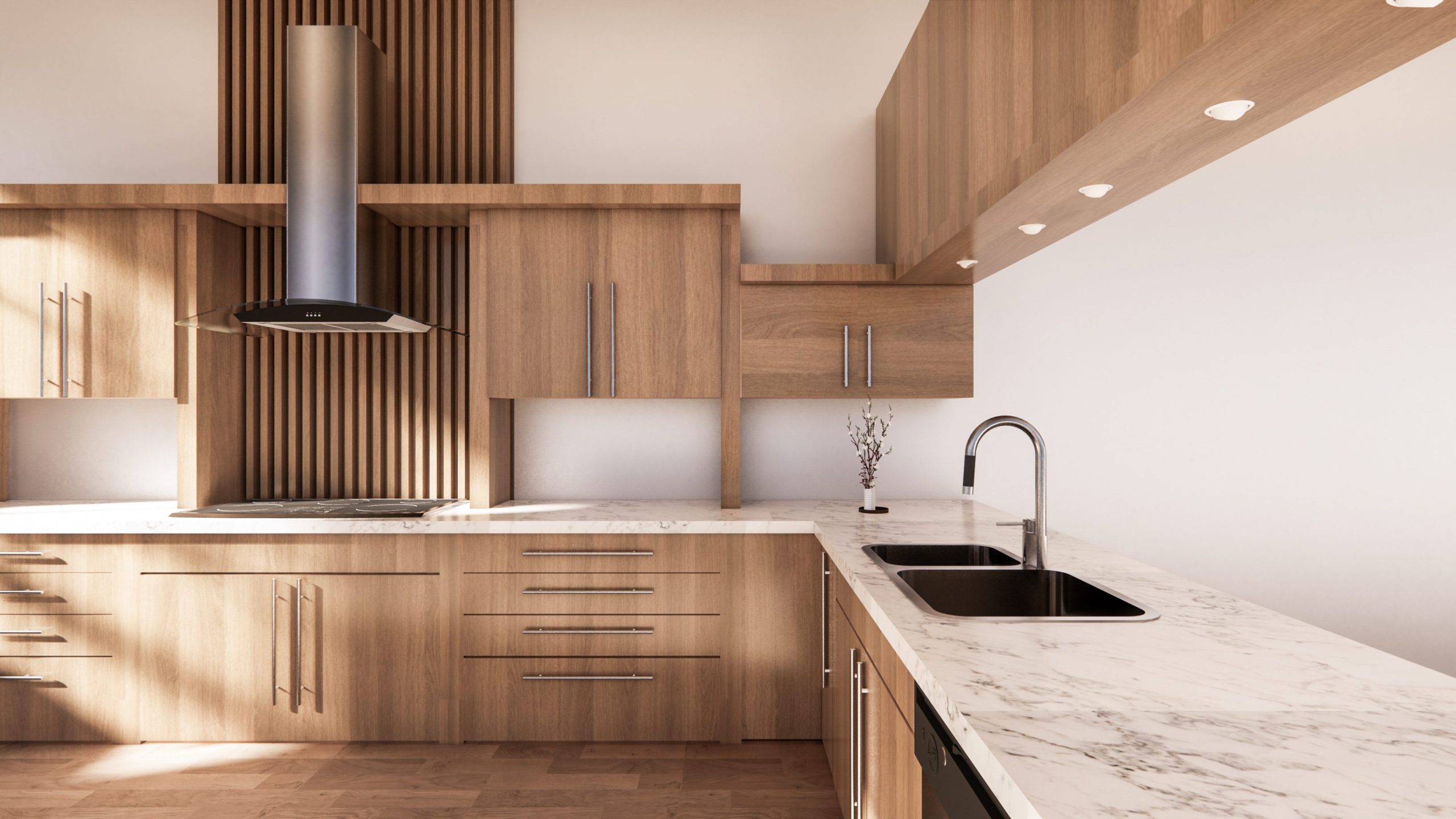 Modern kitchen featuring natural wood cabinets and quartz countertops